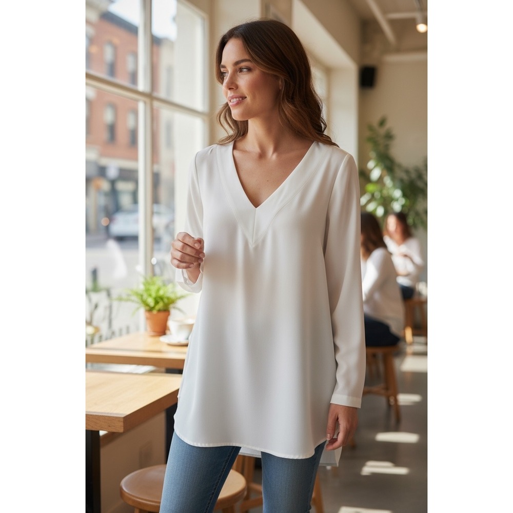 LOFT‎ White V Neck Long Sleeve Tunic Top Womens Size Small Flowy Sheer